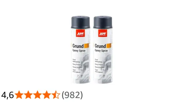 Due lattine di spray "Grund Epoxy Spray" con un design a strisce grigie e bianche. Un ottimo fondo bagnato su bagnato per preparare le superfici.