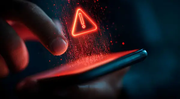 Czerwony trójkąt z wykrzyknikiem nad smartfonem, symbolizujący problem z aktualizacją telefonu.