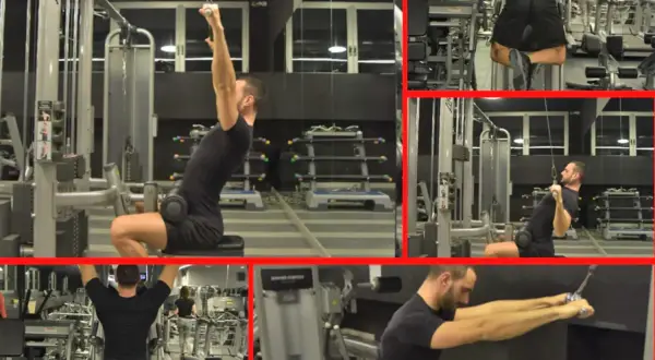 Uomo in palestra esegue esercizi per la schiena, concentrandosi sull'allenamento dell'upper back con macchine e cavi.
