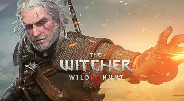 Geralt z Rivii w zbroi, gotowy do walki. W tle płomienie i logo gry Wiedźmin 3 Next Gen.