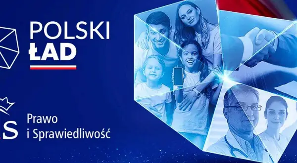 Polski Ład: uśmiechnięta rodzina, lekarze i uścisk dłoni symbolizują nadzieję i rozwój.