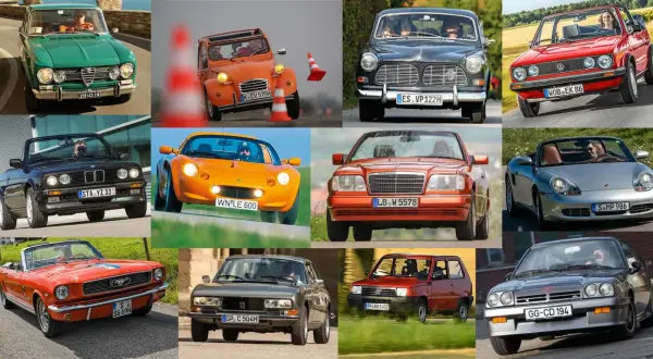 Eine Collage mit vielen bekannten oldtimer marken: Alfa Romeo, Citroën, Volvo, VW, BMW, Lotus, Mercedes, Porsche, Ford Mustang, Peugeot, Fiat, Opel.