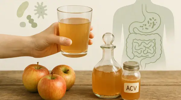 Apfelessig für die Leber: Ein Glas Apfelessig, Äpfel und eine Darstellung des Verdauungssystems.