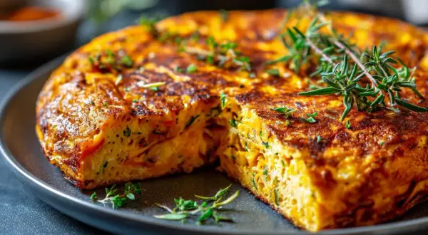 Tortilla de calabaza dorada y esponjosa, decorada con romero fresco, servida en un plato oscuro.