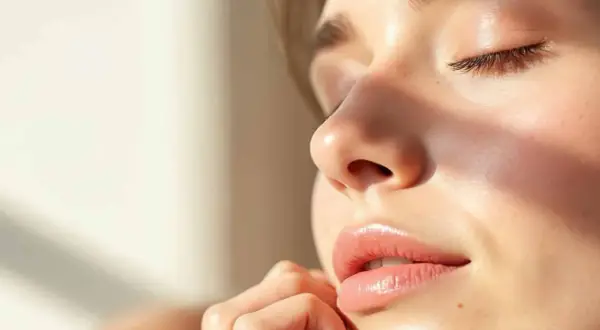 Sanfte Haut, die von der Sonne geküsst wird. Ein Hauch von Glanz auf den Lippen, vielleicht durch ein Produkt, das erklärt, was ist Retinol und wie es die Haut verjüngt.