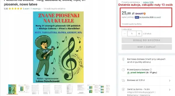 Okładka książki "Znane piosenki na ukulele" z nutami, tabulaturą i słowami. Ilustracja muzyka grającego na ukulele.