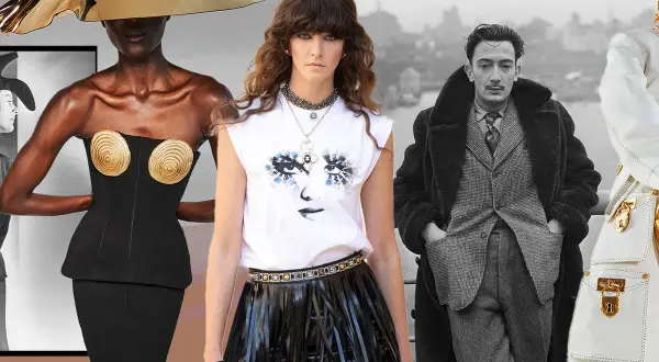 A collage of fashion and art, featuring a model in a golden hat, a woman with a graphic tee, and Salvador Dalí, embodying modern surrealism.