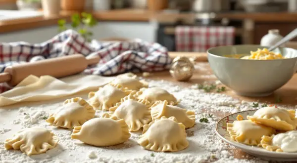 Gotowe do gotowania pierogi ruskie, świeżo lepiońce na blacie kuchennym. Obok wałek, ciasto i miska z farszem.