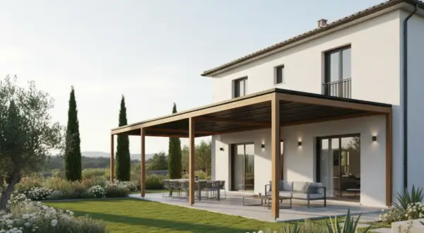 Una casa moderna con un giardino curato e una pergola in legno, ideale per costruire uno spazio esterno accogliente.