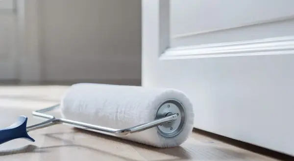 Rouleau de peinture blanc sur parquet, prêt à enlever traces rouleau de peinture sur une porte blanche.