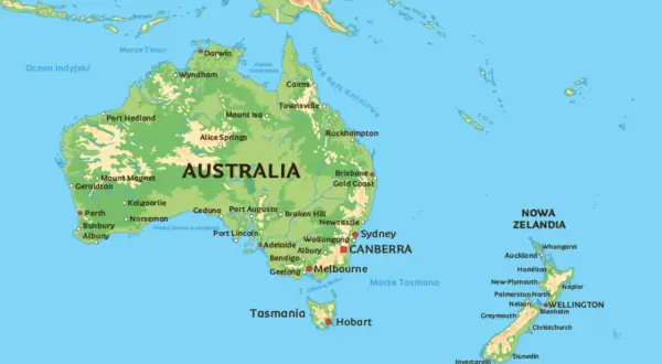 Mapa Australii i Nowej Zelandii. Gdzie jest Sydney? Znajduje się na wschodnim wybrzeżu Australii, niedaleko Canberry.