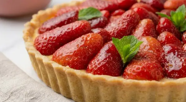 Une tarte aux fraises généreuse, garnie de fruits rouges brillants et de feuilles de menthe. Un délice qui promet la meilleure tarte aux fraises du monde.