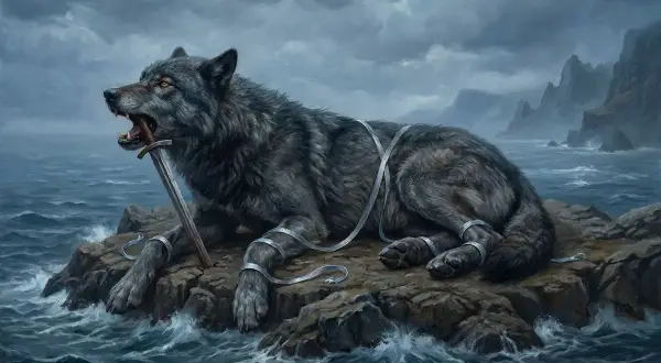 A large wolf is bound by silver ribbons on a rocky island, biting a sword.