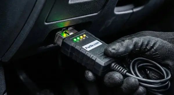Rękawica podłącza urządzenie diagnostyczne do portu OBD. Wskaźniki LED świecą, sygnalizując gotowość do analizy parametrów, w tym kąta wyprzedzenia zapłonu.