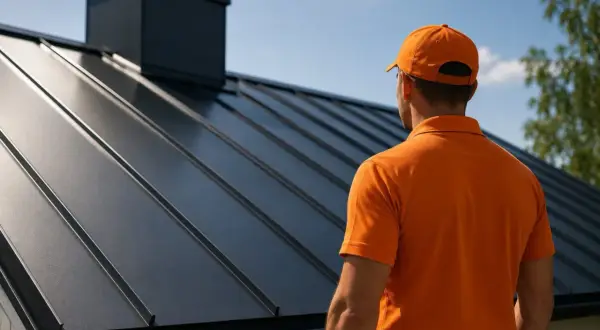 Man i orange tröja inspekterar ett nytt, mörkt plåttak. Dags att måla plåttak för att skydda det.