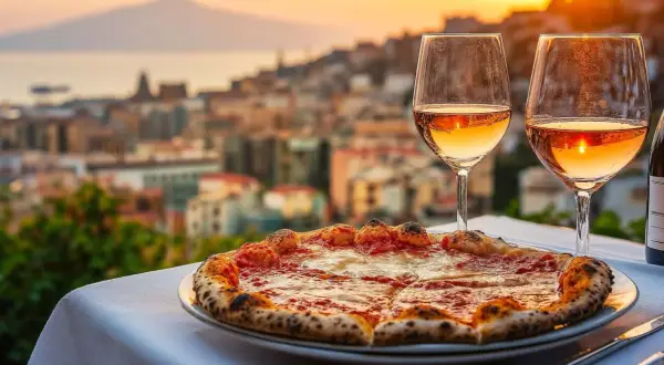 Idealne jakie wino do pizzy? Na tle zachodzącego słońca nad Neapolem, Margherita i dwa kieliszki różowego wina.