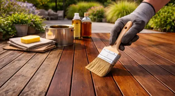 Mano enguantada aplica aceite a una terraza de madera, mejorando su **tratamiento madera exterior**. Se ven latas y botellas de producto.