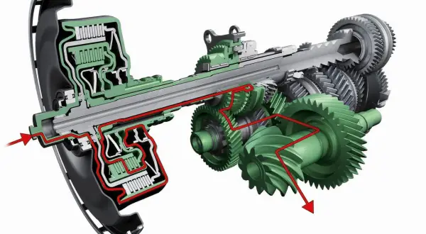 Przekładnia dwusprzęgłowa (PDK) z widocznym przepływem oleju przez mechanizm.