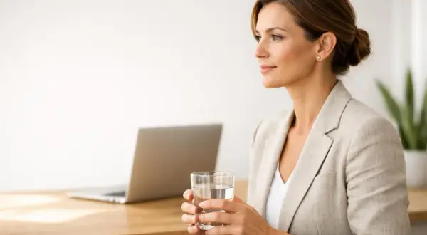 Donna con bicchiere d'acqua, laptop sullo sfondo. Nonostante l'apparente calma, potrebbe nascondere un'ansia ad alto funzionamento.