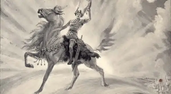 Heimdall na koniu, z hełmem i mieczem, dmie w róg, zapowiadając Ragnarök.