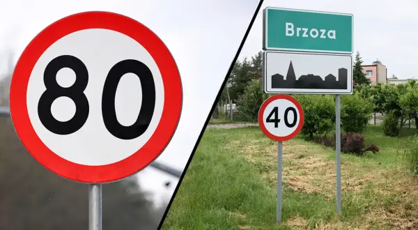 Znak b33 z ograniczeniem do 80 km/h i znak informujący o wjeździe do Brzozy z ograniczeniem do 40 km/h.