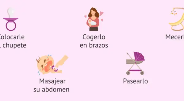 Consejos para calmar a un bebé en crisis: chupete, brazos, mecerlo, masaje abdominal y paseo.