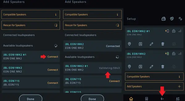 Interface pour connecter JBL ensemble. L'écran montre la recherche et la connexion d'enceintes JBL EON1MK2.