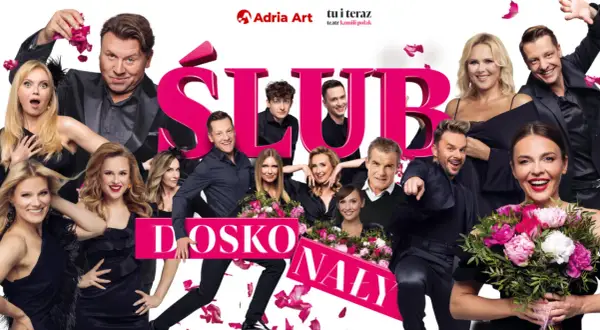 Ślub doskonały obsada: uśmiechnięci aktorzy i aktorki w eleganckich strojach, z różami w dłoniach, na tle napisu "ŚLUB DOSKONAŁY".
