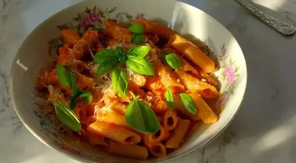Penne all'arrabiata co to? Pikantny sos pomidorowy z czosnkiem i chili, podany z makaronem penne, posypany parmezanem i świeżą bazylią.