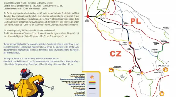 Mapa szlaków w Górach Izerskich: trasa narciarska "Cietrzewia" od Stogu Izerskiego do Jakuszyc.