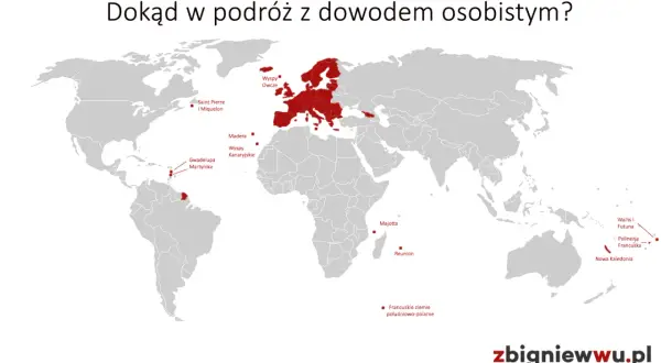 Mapa świata z zaznaczonymi terytoriami dostępnymi na wakacje bez paszportu: Europa, wyspy atlantyckie, Karaiby, Reunion, Majotta, Nowa Kaledonia, Polinezja Francuska.