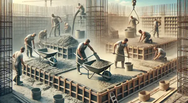 Budowlańcy pracują przy wylewaniu betonu. Czas schniecia betonu zależy od wielu czynników, ale tu widać intensywną pracę.