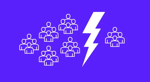 Gruppen von Menschen werden durch einen Blitz geteilt, was die digitale Spaltung symbolisiert.