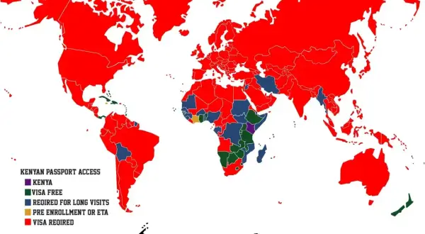 Mapa świata pokazująca dostęp dla obywateli Kenii. Większość krajów wymaga wizy, ale niektóre oferują bezpłatny wjazd.