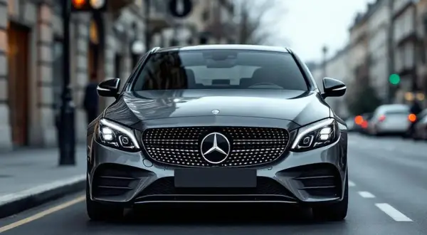 Elegancki, szary Mercedes C180 na ulicy miasta.