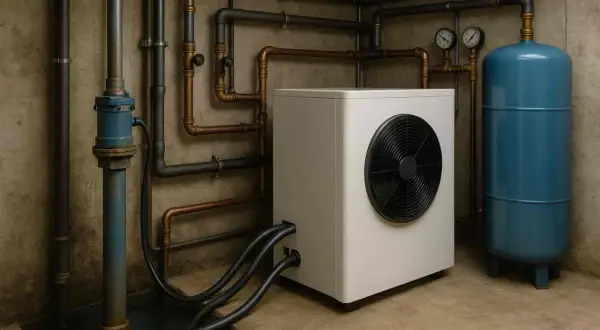 Système de chauffage moderne avec unité extérieure blanche, réservoir bleu et tuyauterie complexe pour un raccordement chaudière gaz efficace.