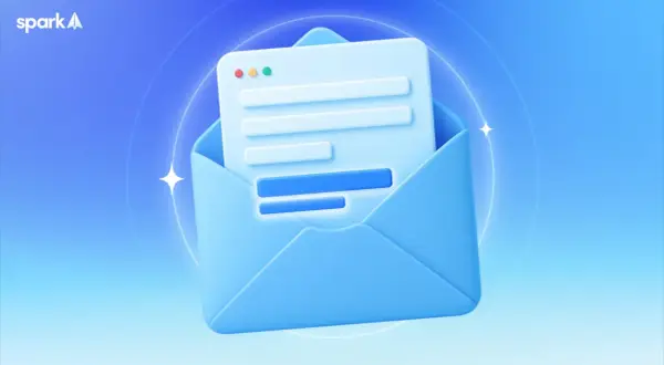 Un sobre azul abierto con un documento digital dentro. Un mensaje de despedida en inglés, listo para enviar.