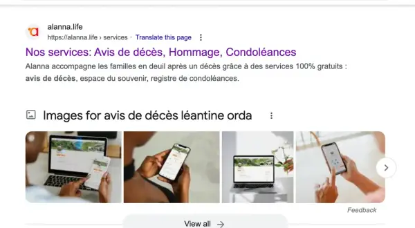 Recherche d'avis de décès en ligne. Alanna propose des services gratuits pour accompagner les familles en deuil.