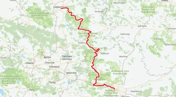 Mapa z zaznaczoną trasą rowerową od Częstochowy przez parki krajobrazowe po okolice Krakowa.