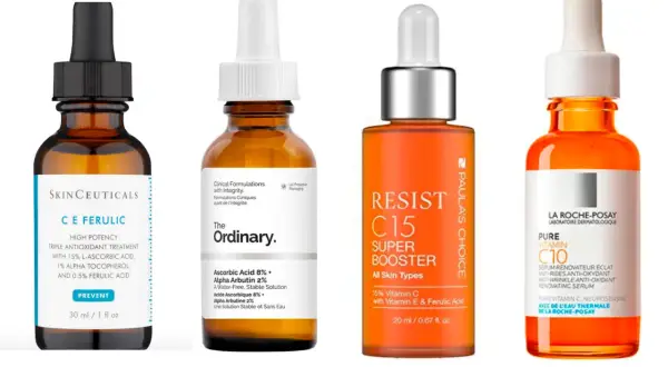 Cuatro sueros con vitamina C para la cara: Skinceuticals C E Ferulic, The Ordinary, Paula's Choice Resist C15 y La Roche-Posay Pure Vitamin C10.
