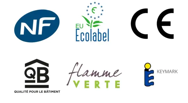 Six logos : NF, EU Ecolabel, CE, QB, Flamme Verte, et KEYMARK. Le logo CE indique la conformité européenne.