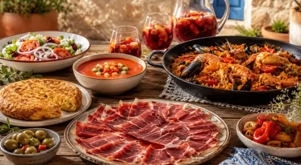 Un festín de comidas de verano españolas: paella, tortilla, gazpacho, jamón, ensalada y sangría.