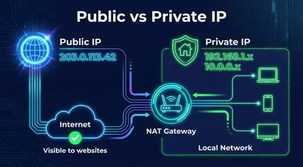 Publiczny IP 203.0.113.42 łączy się z Internetem. Prywatny IP 192.168.1.x i 10.0.0.x są w sieci lokalnej, za bramą NAT. Chcesz znaleźć IP?