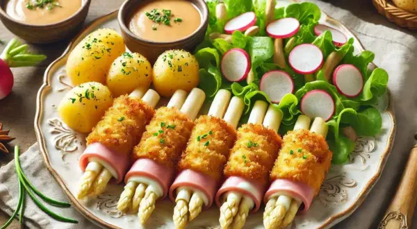 Knuspriges Spargel Cordon Bleu mit Schinken, dazu Salzkartoffeln, Salat und Sauce.