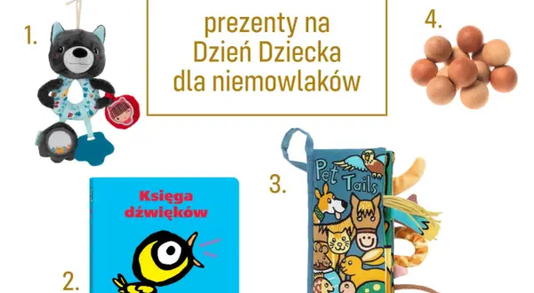 Idealny pomysł na prezent na Dzień Dziecka dla niemowlaka: pluszowy miś, książeczka dźwiękowa, miękka książeczka z ogonkami zwierząt i drewniane koraliki.