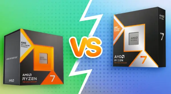 Zwei AMD Ryzen 7 Prozessoren, einer mit 7000er Serie und der andere mit 9000er Serie, stehen sich gegenüber.