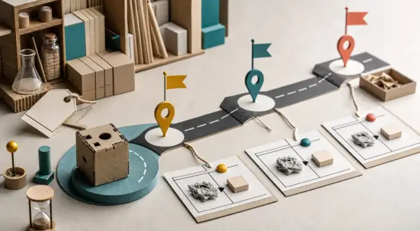 Un mapa de ruta visual que representa el **método lean startup**, con marcadores de ubicación, cajas de cartón y elementos que sugieren experimentación y desarrollo.