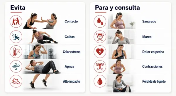 Guía de deporte para embarazadas: evita contacto, caídas, calor, apnea y alto impacto. Consulta por sangrado, mareo, dolor, contracciones o pérdida de líquido.