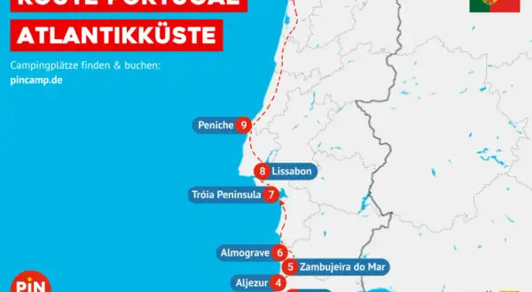 Karte zeigt eine Route entlang der Atlantikküste Portugals, von Faro bis Porto. Ideal für einen **Zug nach Portugal** mit vielen Stopps.
