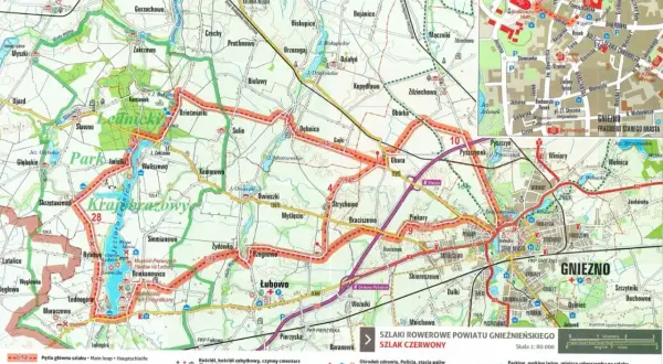 Czerwony szlak rowerowy wokół Gniezna. Odkryj malownicze **trasy rowerowe Gniezno** i okolice, pełne zabytków i przyrody.